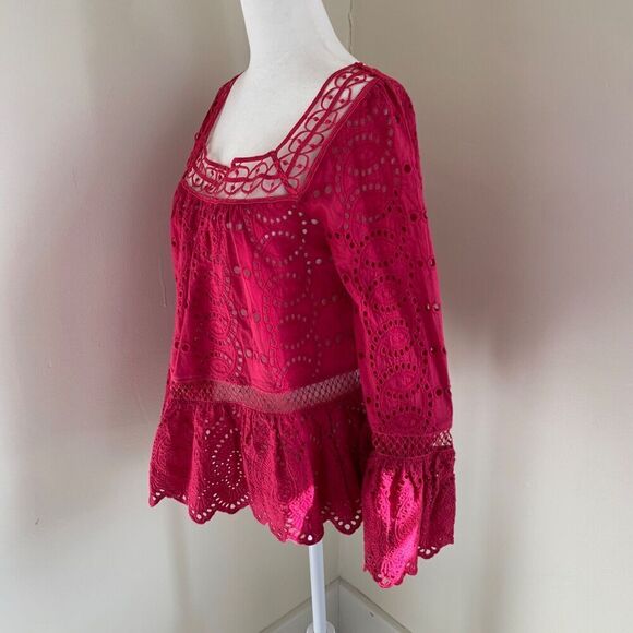 Anthropologie TRYB Eyelet Ruffle Blouse Size S Pink Embroidered Peasant Top - Picture 2 of 8